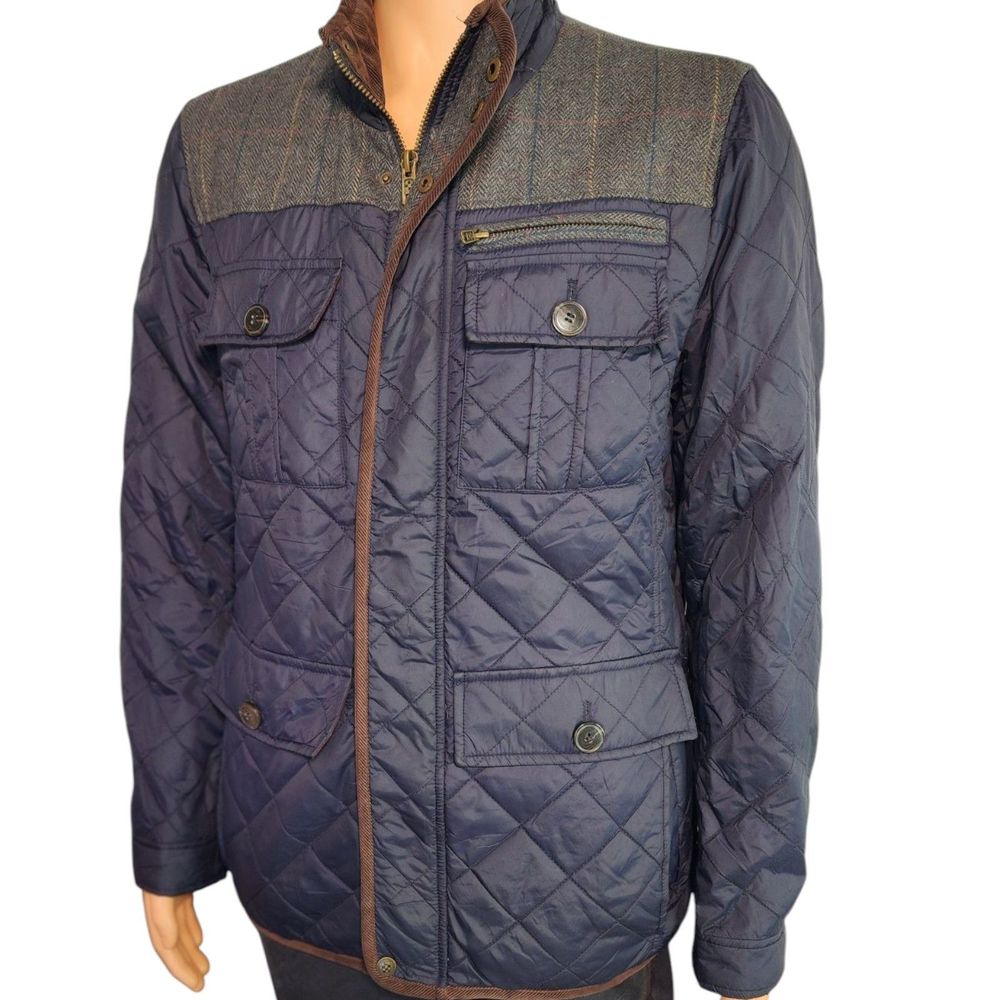 Vince Camuto Mens Diamond Quilted Puffer Jacket Corduroy Elbow Patch Blue Small